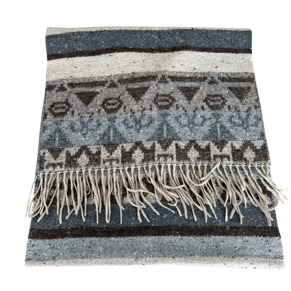 Fringe Southwestern Stripe Wool Blend Gray Beige Oversized Scarf‎ 20 x 80